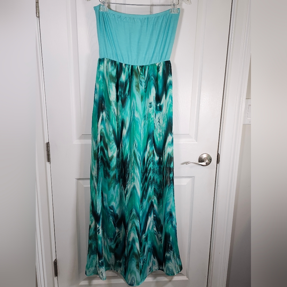 Emerald Tube Top Blue Green Chiffon Flowy Beach Casual Maxi Dress S L - Picture 3 of 8